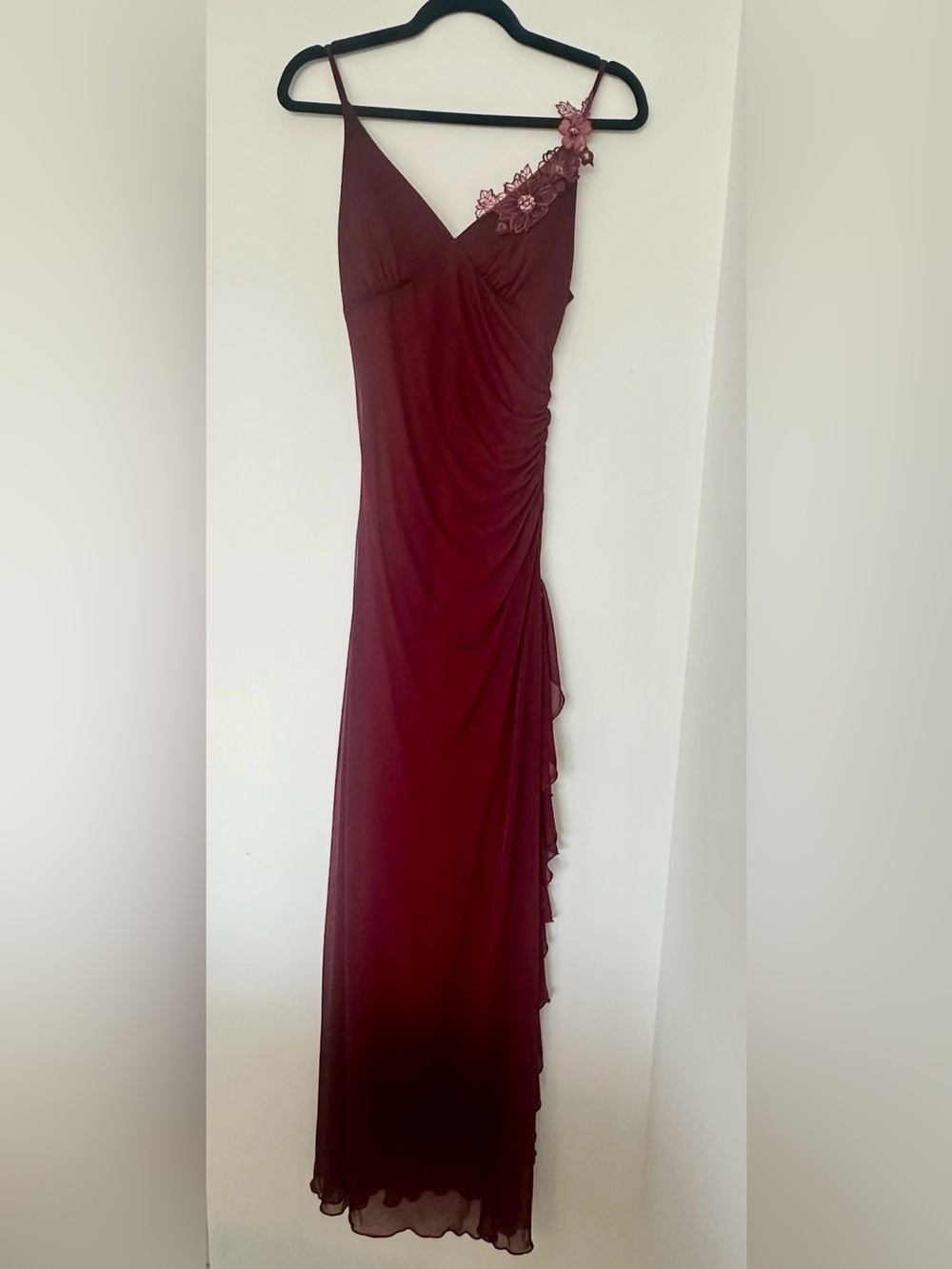 Vintage 90s Y2K City Triangles Burgundy Chiffon Ruffle Maxi Dress Size S